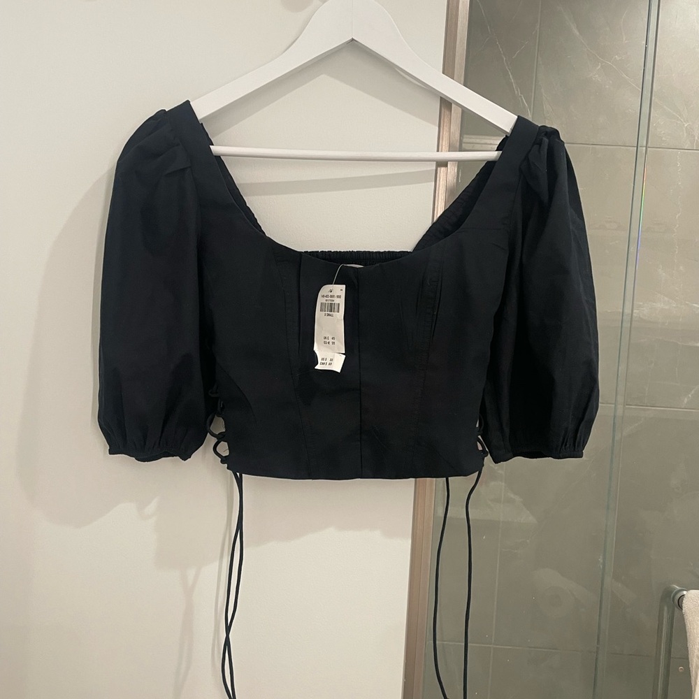 Abercrombie Black Puff Sleeve Cropped Top with Lace-Up Sides